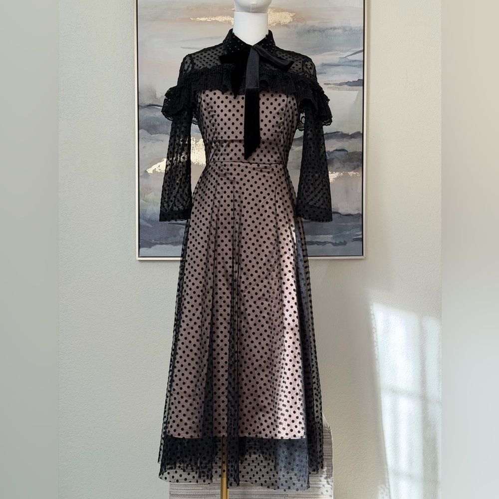 Romantic Vintage /Victorian-Inspired Polka Dot Tulle Dress with a Plush Bow Tie